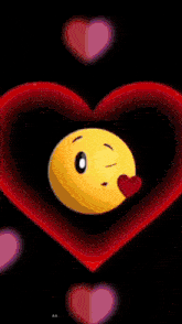 a yellow smiley face is surrounded by red flames and hearts with arabic writing below it