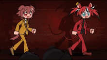 a cartoon drawing of a dog and a girl in red