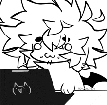 a black and white drawing of a person with a cat face on a laptop