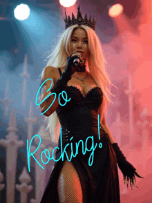 a woman in a black dress with a crown on her head stands in front of a sign that says " go rocking "