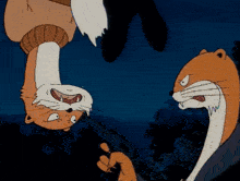 a cartoon cat is hanging upside down while another cat holds a gun to its head