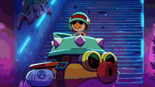 a cartoon character is riding down a set of stairs wearing goggles and headphones .