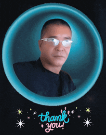 a picture of a man in a blue circle with the words thank you below him