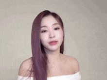a woman with long purple hair is wearing a white off the shoulder dress