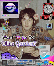 a man with a flower in his hair is surrounded by pepsi advertisements