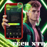 a man with a mullet is holding up a cell phone with a screen that says 21:32