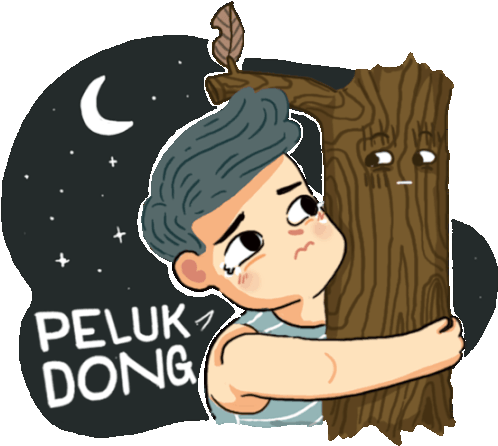 Sad Boy Hugging Tree Says Peluk Dong In Indonesian Sticker - Hugging Crying Scared Stickers