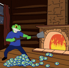 a frog is holding a shovel in front of an oven