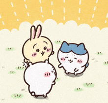a rabbit and a cat are standing next to each other in a field