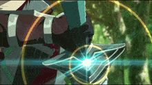 a person holding a sword with a blue light coming out of the blade