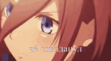 a close up of a girl 's face with a foreign language written below it