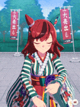 a girl in a green and white striped dress is standing in front of a sign that says ' 大 売出 '