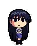 a pixel art drawing of a girl with long black hair and arms crossed .