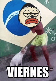 a cartoon of a man standing next to a dog with the word viernes written on the bottom