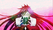 a cartoon character with long red hair and glasses is standing in front of a pink background