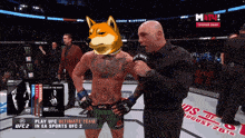 a ufc fighter is being interviewed by a man with a dog head on his head