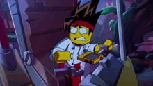 a cartoon character with a yellow head and red headband is holding a yellow device