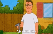 a cartoon of a man holding a hose and saying ahhhh .