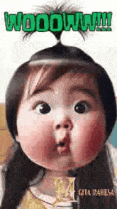 a baby with a surprised look on her face is wearing a hat .