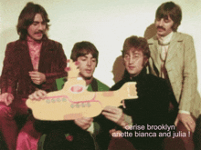a group of men holding a yellow submarine with the name cerise brooklyn at the bottom