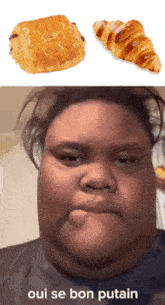 a woman is making a face next to a croissant and a pastry
