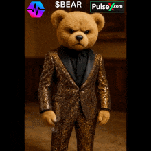 a teddy bear in a suit is holding a glass of wine