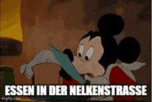 a cartoon of mickey mouse eating a piece of paper with the words essen in der nelkenstrasse below him .