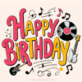 a happy birthday greeting card with guitars and records
