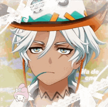 a cartoon character with white hair is wearing a hat and has a hello kitty on his collar .