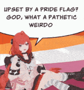 a girl with red hair is laying down with a speech bubble that says upset by a pride flag