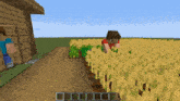 a man in a red shirt is standing in a field of wheat in a video game