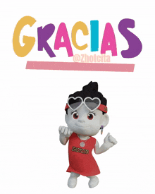 a cartoon girl wearing a red dress and a headband that says gracias