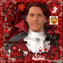 a picture of a man dressed as a vampire with the words vampire lovebites in the corner