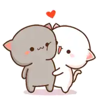two cats are hugging each other with a heart above them .