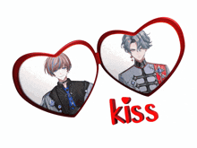 a couple of hearts with the word kiss in red