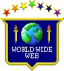 a logo for the world wide web with a globe , torch , and stars .
