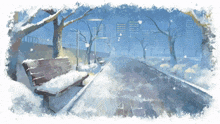 a painting of a snowy park with a bench