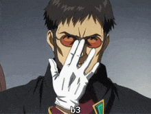 a man wearing glasses and a white glove is covering his nose .