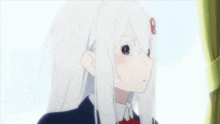 a girl with white hair and a red b on her hair