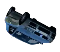 a silver car is upside down and has a license plate that says ' sd ' on it