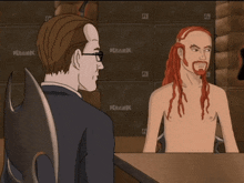 a cartoon of a man talking to a naked man in front of a wall of speakers that say demonk