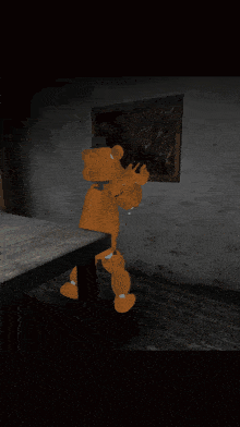a teddy bear is standing in a dark room in front of a wall