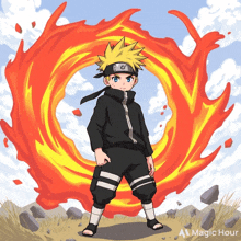 a cartoon of naruto with a circle of fire behind him and the words magic hour below him