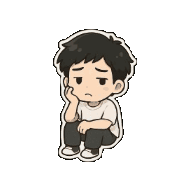 a cartoon boy is sitting on the floor with his hand on his chin .