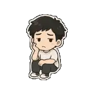 a cartoon boy is sitting on the floor with his hand on his chin .