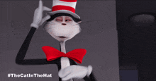 a cartoon cat in a top hat with a red bow tie and gloves