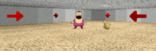a cartoon character is standing in a room with red arrows pointing to the right and left