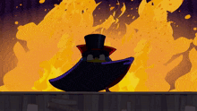 a cartoon character in a top hat stands in front of a large fire