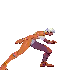 a pixel art of a cartoon character standing on one leg .