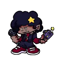 a cartoon character holding a microphone and a gun with a yellow star on his head